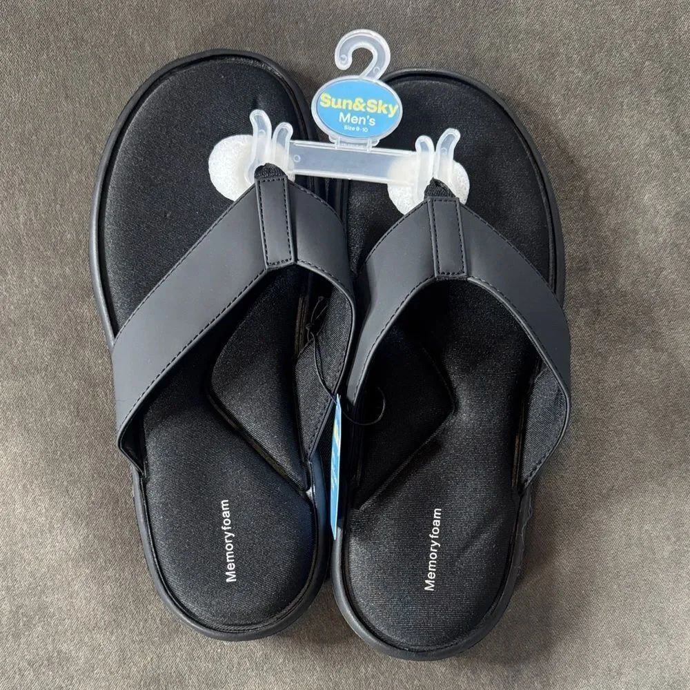 Men’s Sun & Sky Black Memory Foam Flip Flops Sandals Size M 9-10 NEW